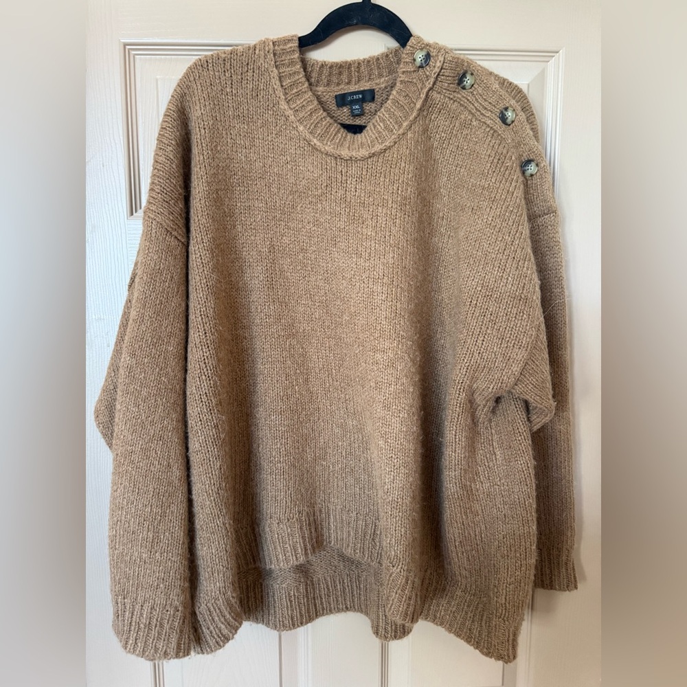 J. Crew Camel Button-Shoulder Crewneck Sweater